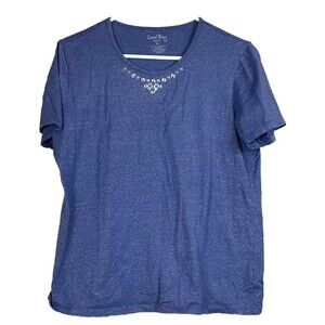 Coral Bay Petite Womens PL Shirt Top Blue Silver Metallic Rhinestones Stretch